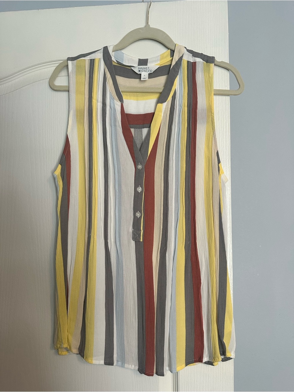 Market & Spruce Striped Sleeveless Henley Top - Yellow, Red, Gray